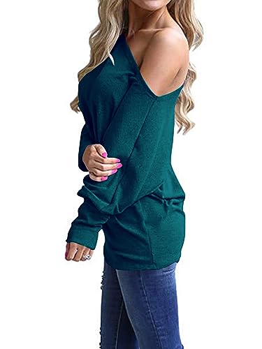 Poetsky Womens Casual Long Sleeve Boat Neck T Shirts Blouses Loose Solid Color Tunic Tops Dark Blue M