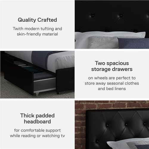 DHP Dakota Upholstered Platform Bed with Underbed Storage Drawers and Diamond Button Tufted Headboard and Footboard, No Box Spring Needed, Twin, Black Faux Leather