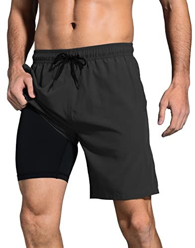 LUCOWEE Mens Swimming Trunks with Compression Liner Breathable Tech Lined Swim Shorts Zipper Pocket Shirt Loop Quick Dry UPF 50+ Stretchy 7 inch Inseam Bathing Suit Swimsuits Coconut Island Medium