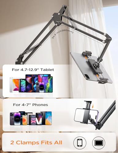 LISEN Tablet Stand Phone Holder iPad Holder for Desk Mount[Ultra Sturdy] 2 Clamps Kindle Holder for Bed Gooseneck Phone Tablet Holder Mount Phone Stand fits iPhone 16 Pro iPad Kindle 4-13" Device