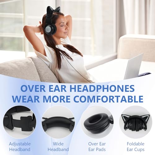 YIK TUNG Cute Cat Ear Bluetooth Headphones with Built-in Mic, Over Ear Wired Headphones with LED Lights, Foldable Wireless Headset with Cat Ear for Traveling, Gift for Boys Girls Teens Adult (Black)