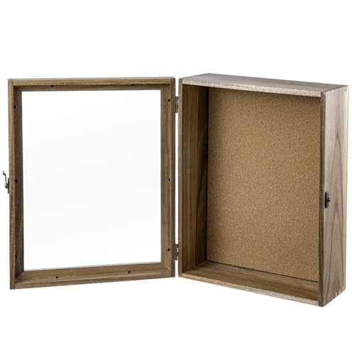 MyGift 11x14 Natural Solid Acacia Wood Deep Shadow Box with Cork Board Backing, Wall Mounted Display Case with Clear Acrylic Front Window Panel, Metal Handle and Latch