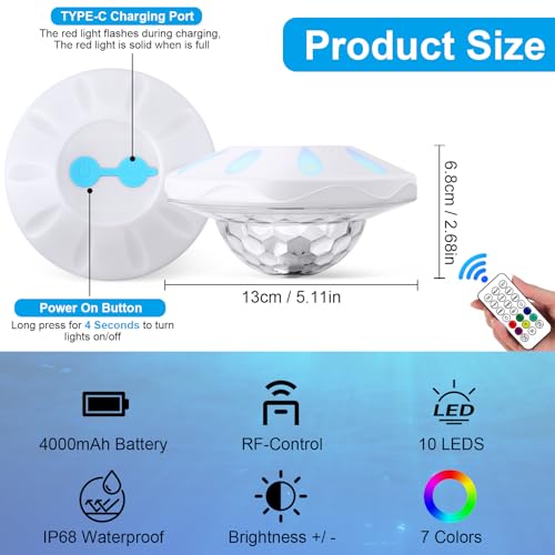 TEPENAR Rechargeable Floating Pool Lights: Remote Control Swimming Pool Lights Float with RGB Color Changing LED Pool Lights IP68 Waterproof Hut Tub Lights for Pool Pond Garden Party 1 Pack