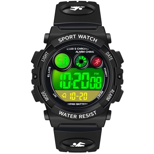 Dayllon Kids Watch Digital Outdoor Sport Waterproof Boys Watches 12/24H Alarm 7 Colorful Backlight Stopwatch Wristwatch for 3-15 Year Old Gift Black