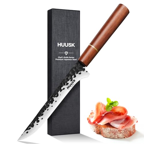 Huusk Japanese Paring Knife 5 Inch, Hand Forged Fruit Knife, High Carbon Steel Utility Kitchen Knife, Japanese Petty Chef Knife with Rosewood Handle, Small Peeling Knife for Vegetable, Gift for Dad