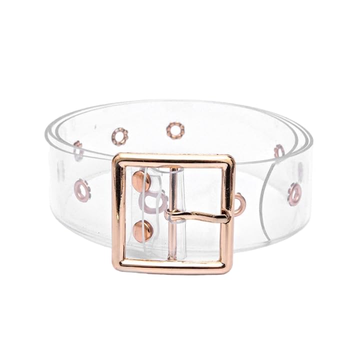 winvin Trendy Chic Transparent Women Buckle Belt Wide Waist Waistband Clear For Women Halloween Costume (Square Gold)