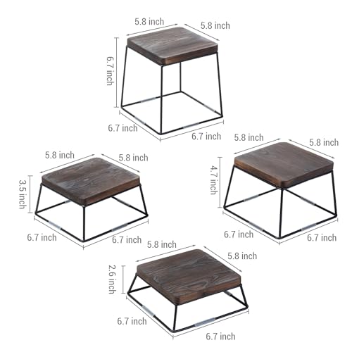 MyGift 6 Inch Square Display Risers for Food, Set of 4 Buffet Risers, Burnt Brown Solid Wood Top Riser with Matte Black Metal Wire Base, Dessert Table Display Cupcake Stands Set