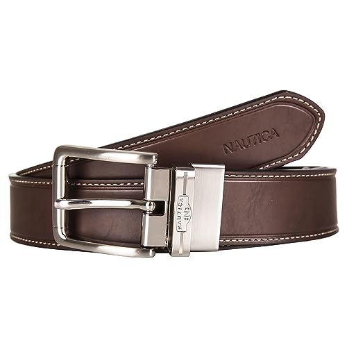 Nautica Men Reversible Leather Casual and Dress Belts with Metal Buckle, Double Stitch-Black/Brown, 44"