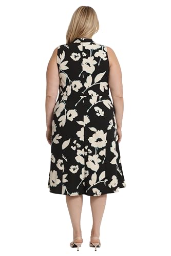 Maggy London Women's Plus Size High Neck Empire Waist Midi Dress Career Workwear, Bloom-Black/Cream