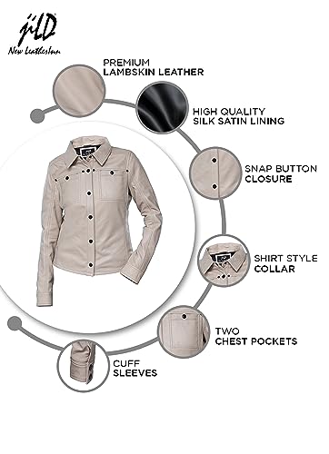 Jild Womens Button Front Lambskin Leather Jacket Shacket - Casual Shirt Long Sleeve Leather Jacket Women with Bust Pocket (Yellow-S)