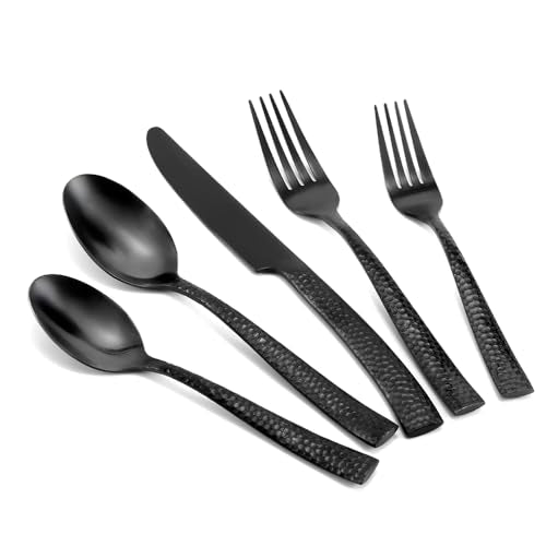 Kelenfer Silverware Set Flatware Set Matte Black Stainless Steel Forged Hammered Cutlery Set Heavy 20 Pieces Service for 4