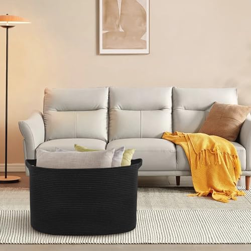 MEGASKET Extra Large Rectangle Storage Basket, 23.6" x 17" x 12" Black Blanket Basket Storage for Living Room, Large Soft Woven Cotton Rope Basket, Kids Toy Baskets Organizer Bins, Wicker Basket