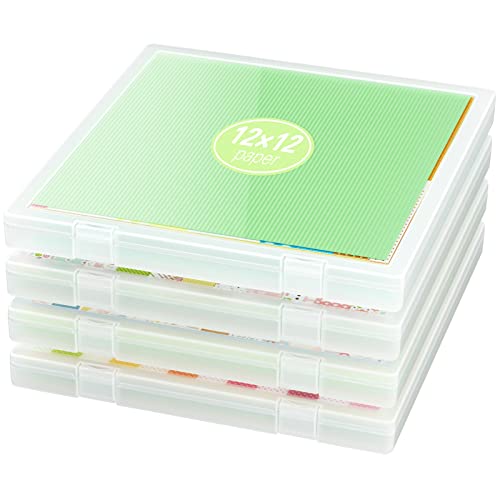 iBune 4 Pack 12x12 Scrapbook Paper Storage, Plastic Storage Organizers Craft Storage Box, Art Supply Puzzle Storage Box, Inner Size 12.2 x 12.2 x 0.85 in