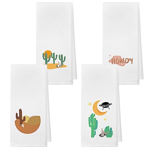 Western Kitchen Towels,Western Cowboy Hat Cactus Bull Skull Sunset Desert Howdy Kitchen Towels and Dishcloths 16×24 Inch,Western Hand Dish Tea Towel for Kitchen Decor,Cowboy Cowgirl Gifts,Set of 4