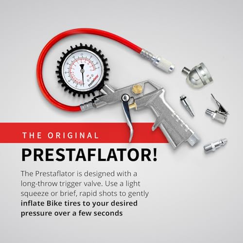Prestaflator Bike Tire Inflator, Presta & Schrader Valve Air Compressor Tool – Works with Tubeless & Standard Tires – Bike & Car Air Compressor Tire Inflator for MTB & Road Bikes