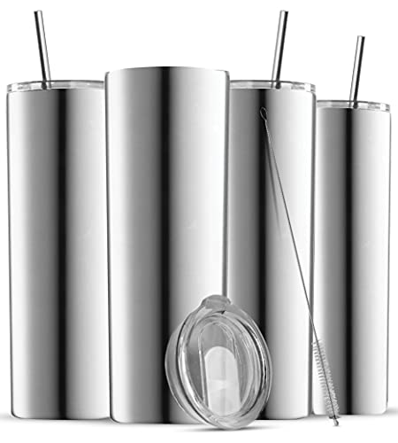 Insulated Skinny Stainless Steel Tumbler Set - 4-Pack 20oz Tumbler with Straw - Travel Coffee Mug With PBA Free Lids - Slim Vacuum Insulated Keep Hot and Cold - Great for Home, Office.