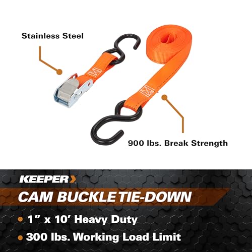 KEEPER Hampton PROD 1”x 10' Cam Buckle Tie-Down, 4 Pack - 300 lbs. Working Load Limit and 900 lbs. Break Strength