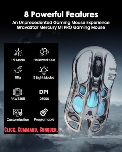 GravaStar Mercury M1 Pro Wireless Gaming Mouse, Lightweight Magnesium Alloy, 26,000 DPI, PAW3395DM Sensor, 5 Programmable Buttons, Support Wired/2.4GHz/BT, Up to 200 Hours Battery Life