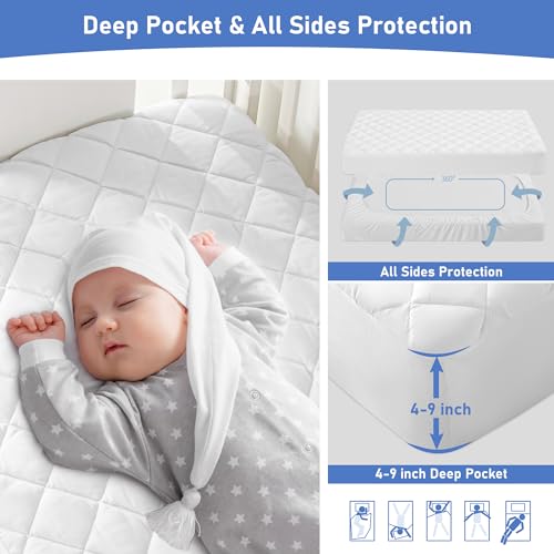 GRT 2 Pack Waterproof Crib Mattress Protector, Quilted Baby Mattress Cover Fitted Deep Pocket from 4" up to 9", Extra Soft Breathable & Noiseless Toddler Mattress Pad 52"x28", White