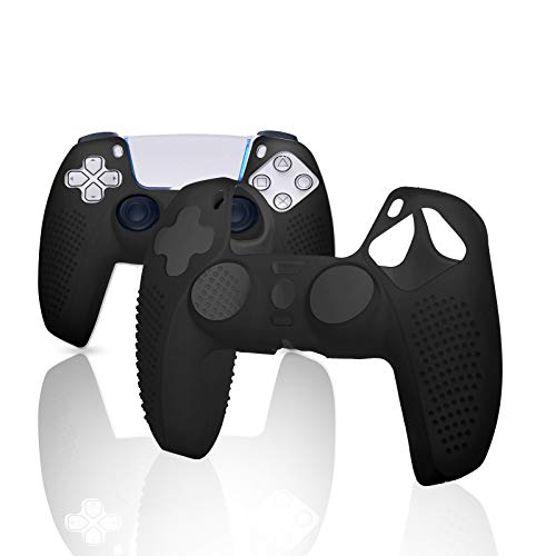 ECHZOVE PlayStation 5 Controller Cover Case, Anti-Slip Silicone Cover Skin Compatible with PS5 Dual Sense Controller with Thumb Grip Caps, Joystick Protectors and Cover Wrap Sticker - Black