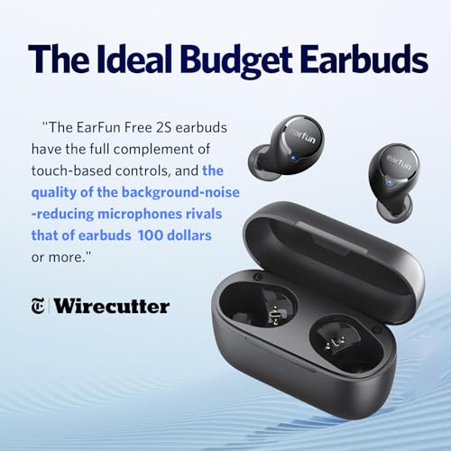 EarFun Free 2S Wireless Earbuds, [Upgraded Version] Bluetooth Earbuds with Deep Bass, 4 Mics for Clear Call, Customizable EQ App, IPX7 Waterproof in-Ear Headphones, 30H Playtime, Wireless Charging