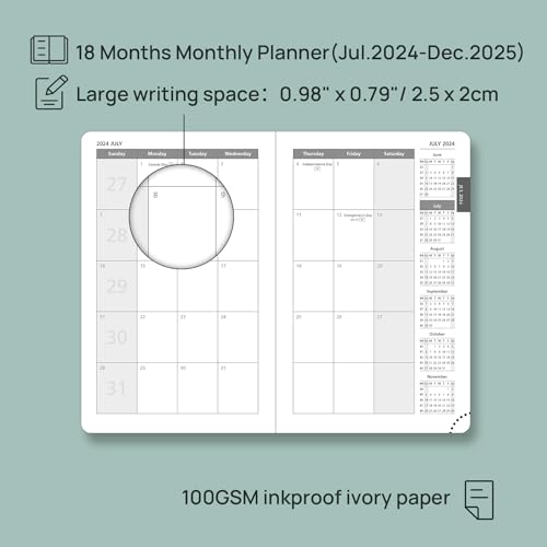 POPRUN Monthly Planner 2024-2025 - 18 Month Calendar Book for Purse (Jul.2024 - Dec.2025), Pocket Size (4''x 6.25'') Soft Leather Cover, 100 GSM Thick Paper - Black