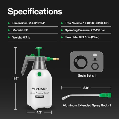 VIVOSUN 0.26gal Handheld Garden Sprayer, 1L Pump Sprayer, 34oz Water Spray Bottle with Safety Valve, Adjustable Nozzle, Extended Spray Rod & Additional Seals, Ideal for Watering, Fertilizing, Cleaning