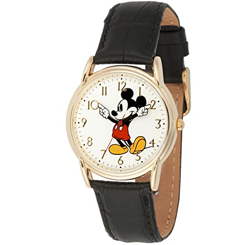 DISNEY Mickey Mouse Adult Classic Cardiff Articulating Hands Analog Quartz Leather Strap Watch, Gold/Black