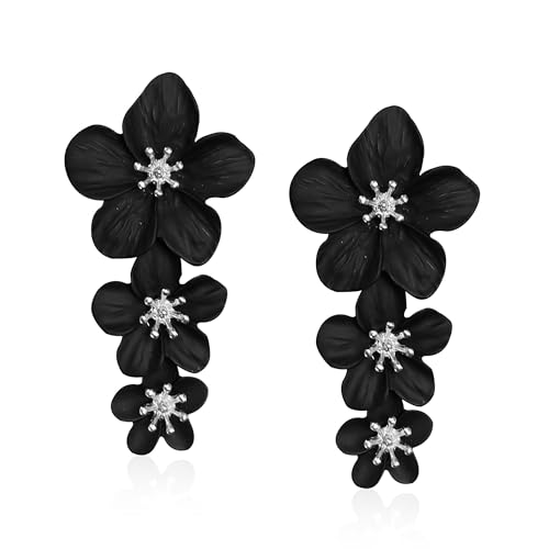 Just Follow Three Layer Flower Earrings for Women Boho Statement Flower Earrings Bohemian Flower Dangle Earrings Flower Jewelry Gift (Black)
