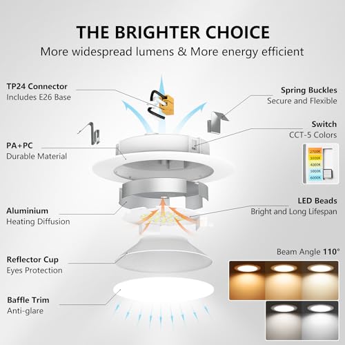 LVWIT LED Recessed Light 4inch, Can Lighting Color Selectable 2700/3000/4000/5000/6000K 5CCT, 7W(85W Equivalent) Dimmable Downlight with E26 Conversion Kit, Retro Fit Ceiling Light Fixtures, 6 Pack