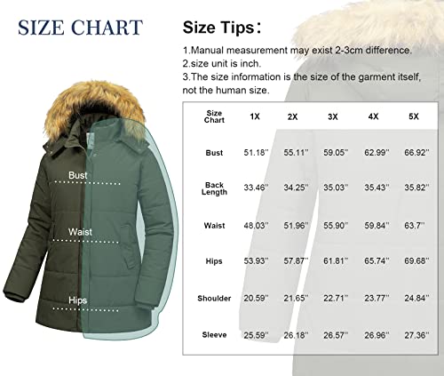 Chrisuno Women's Plus Size Hooded Warm Winter Parka Coat Long Thichkened Winter Jacket Puffer Jacket Army Green 1X