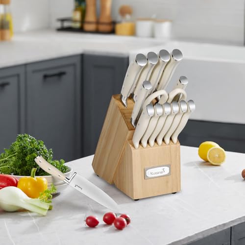 Kuisine Chef Knife Set, German High Carbon Stainless Steel Ultra Sharp Blade Ergonomic Handle, Kitchen Knife Block Set with Built-in Sharpener, Elegant Gift for Holiday(Ivory Pro,15PCS)