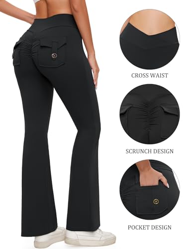 SEASUM Pocket Flare Leggings for Women V Waist Cargo Leggings High Waisted Yoga Casual Pants Bootcut Workout Pants Black S