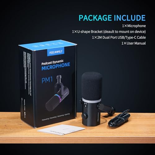FEELWORLD PM1 XLR USB Dynamic Microphone for Podcast Recording PC Computer Gaming Live Streaming Vocal Voice-Over, Studio Metal Mic with Voice-Isolating, RGB Light, Mute Button, Headphones Jack