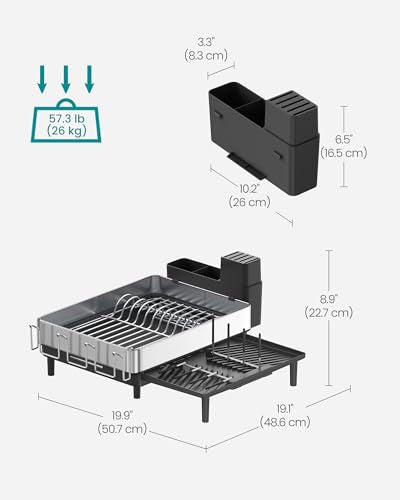 SONGMICS Large Dish Drying Rack, Expandable Dish Dryer for Kitchen Counter, Stainless Steel Dish Rack with Rotatable Spout, Utensil, Cup, Glass, Cutting Board, Pan Holders, Silver and Black UKCS037B01