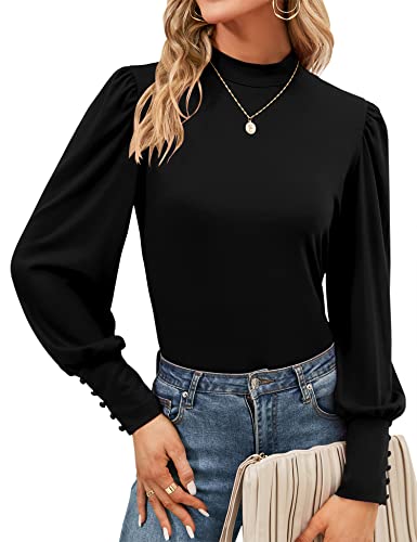 Qirno Mock Necks Tops for Womens Puff Sleeve Turtleneck Shirts Professional Casual Long Sleeve Blouses Red and White Checkered Medium