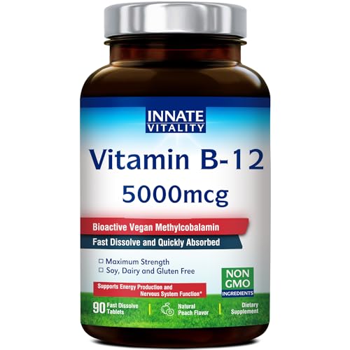 Innate Vitality Vitamin B12 5000mcg, Vegan Methylcobalamin, Fast Dissolve Tablets, Natural Peach Flavor, Supports Energy Production & Healthy Nervous System, 90 Tablets