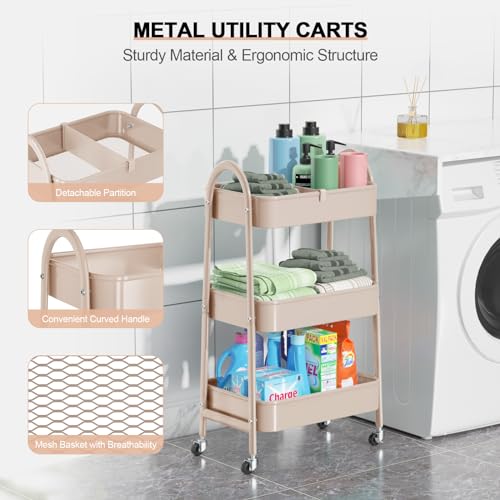 EAGMAK 3 Tier Utility Rolling Cart, Metal Storage Cart with Handle and Lockable Wheels, Multifunctional Storage Organizer Trolley with Mesh Baskets for Kitchen, Living Room, Office, Garage (Beige)