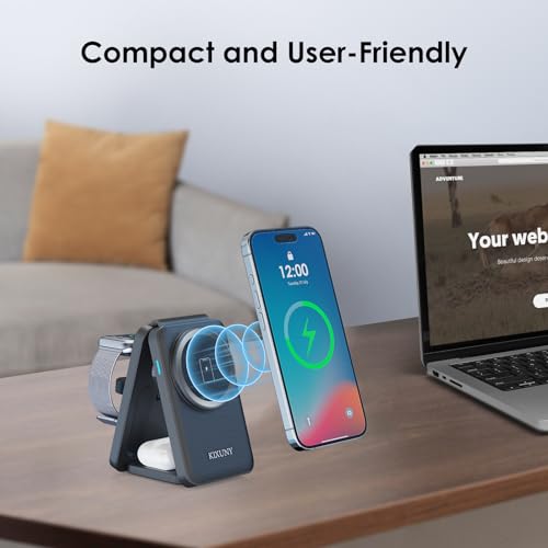 3 in 1 Wireless Charging Station for Magsafe Charger Stand, KIXUNY Wireless Charger 3 in 1, Foldable Travel Charger 3 in 1 for iPhone15/14/13/12 and Apple Watch/AirPods/(Adapter Included)