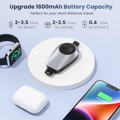 Mini Portable Wireless Charger for Apple Watch,1600mAh Keychain Travel Emergency Power Bank for iPhone,Compact Magnetic iWatch Charger,for iWatch 9/8/UItra/7/6/SE/5/4/3&iPhone 5-13/14 Series(Black)