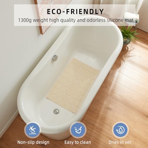 Bathtub Mat Non Slip Silicone Soft Odorless Bath Mat with Mini Suction Cups Bath Tub Mat Non Slip Shower Mat Non Slip Foldable Machine Washable with Bathroom Floor Mat 18 X 28 Beige