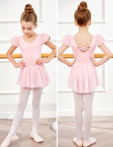 Zaclotre Girls Ballet Leotards with Removable High Low Skirt Toddler Ruffle Sleeve Hollow Back Dance Outfit Combo Hot Pink