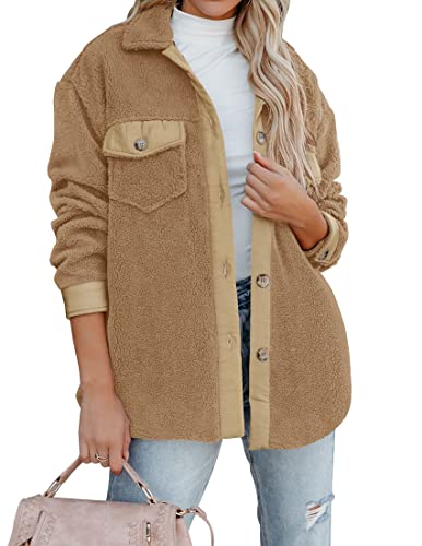 ZESICA Womens Winter Casual Sherpa Fleece Jacket Long Sleeve Button Solid Warm Fuzzy Outwear Coat Pockets,Wine,Large