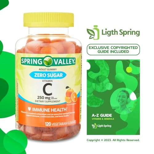 Spring Valley Zero Sugar Vitamin C Gummies Dietary Supplement, 250 mg, 120 Ct Bundle with Exclusive Vitamins & Minerals - A to Z - Better Ligth&Spring Guide + Weekly Pill Organizer (3 Items)