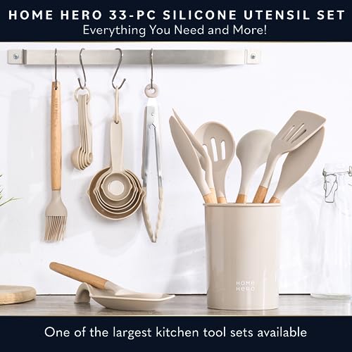 Home Hero 33 Pcs Silicone Kitchen Utensils Set, Non-Stick Silicone Cooking Utensils Set with Spatula, Wooden Handle Spatula, Silicone Kitchen Gadgets Utensil Set (33 Pcs - Khaki)