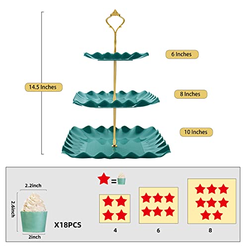 DAFURIET Dessert Cupcake Stand, 3 Tier Cup Cake Holder Tower for Tea Party/Birthday/Weeding, Plastic Tiered Serving Tray with Metal Rod (Green)