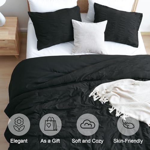 PHF Soft Seersucker Comforter Set Queen Size, 3 Pieces Lightweight Black Bedding Set for All Season, Breathable Comforter Sets with 1 Comforter and 2 Pillowcases