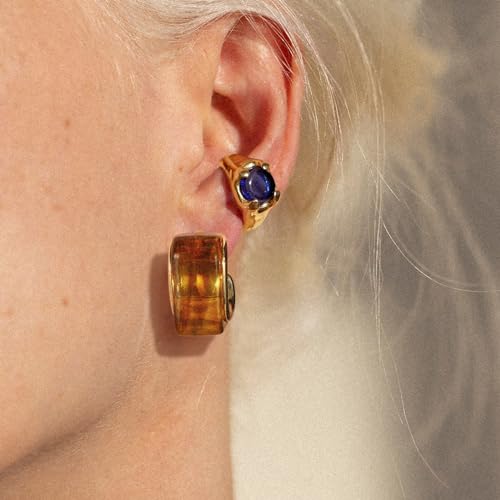 KissYan Acrylic Drop Earrings for Women, 14K Gold Plated Resin Chunky Hoop Earrings, Lightweight Hollow Open Hoops Geometric Square Translucent Hypoallergenic Vintage Fashion Jewelry Gifts (Amber)