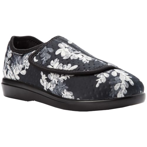 Propét Women's Cush 'N Foot Slipper, Black Floral, 9 Medium