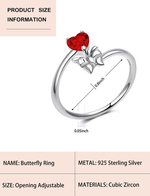 ITS4YEO Solid 925 Sterling Silver Butterfly Adjustable Open Ring Birthstone Rings Valentine Anniversary Birthday Jewelry Gifts for Women